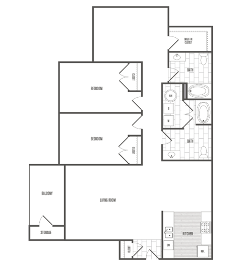 Floor plan for 3 beds, 2 baths, 1150 sqft